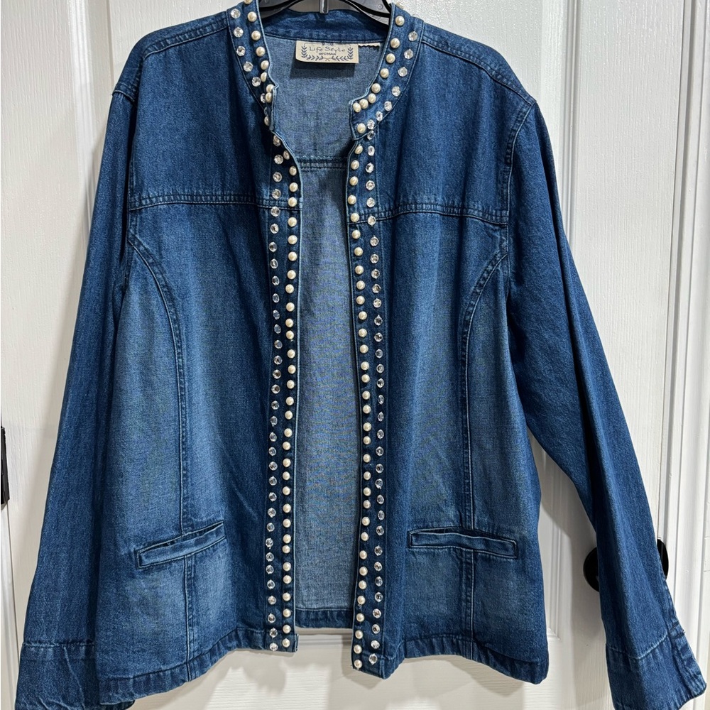 Women's Denim Open Front Jacket, Pearl and Rhinestone Embellishments - Picture 2 of 8